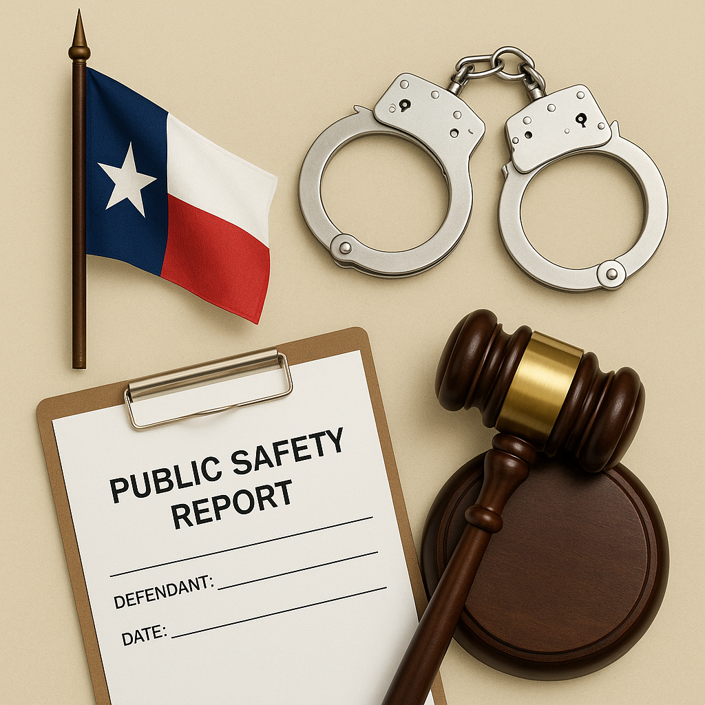 Texas flag, a pair of metal handcuffs, a judge’s wooden gavel with sound block, and a clipboard labeled ‘Public Safety Report’ arranged on a beige background, symbolizing Texas Senate Bill 9 and changes to state bail law.